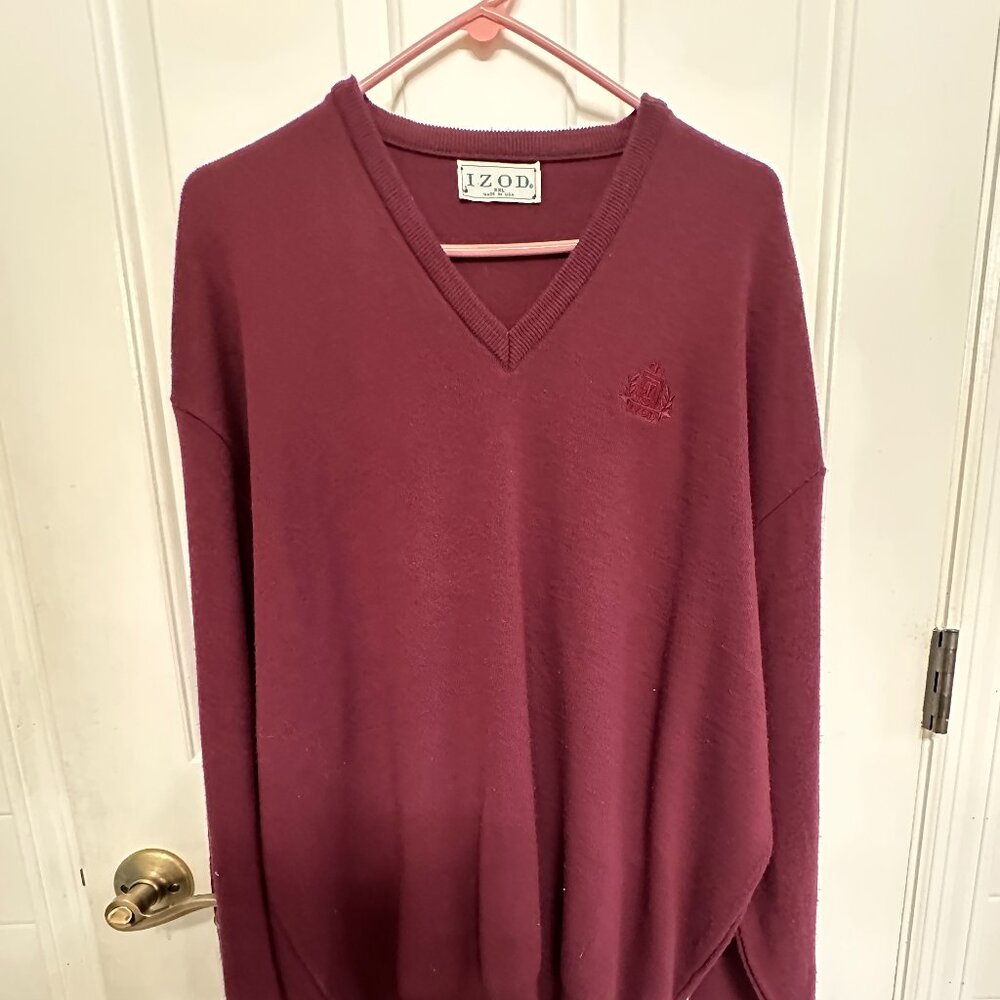 Vintage IZOD Maroon V-Neck Sweater - XXL, Made in USA, 100% Acrylic